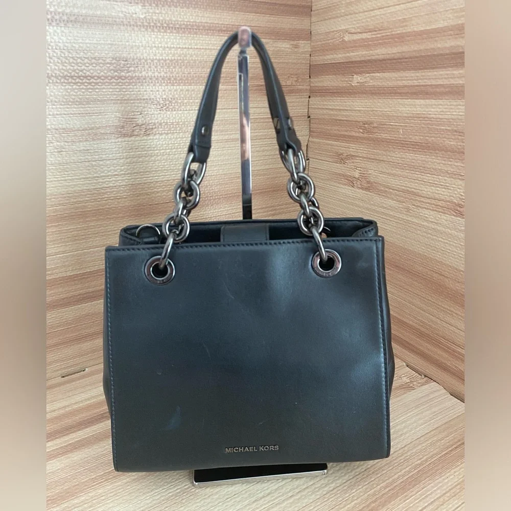 Michael Kors Floral Burst Satchel Crossbody Bag Black Leather Bag EUC